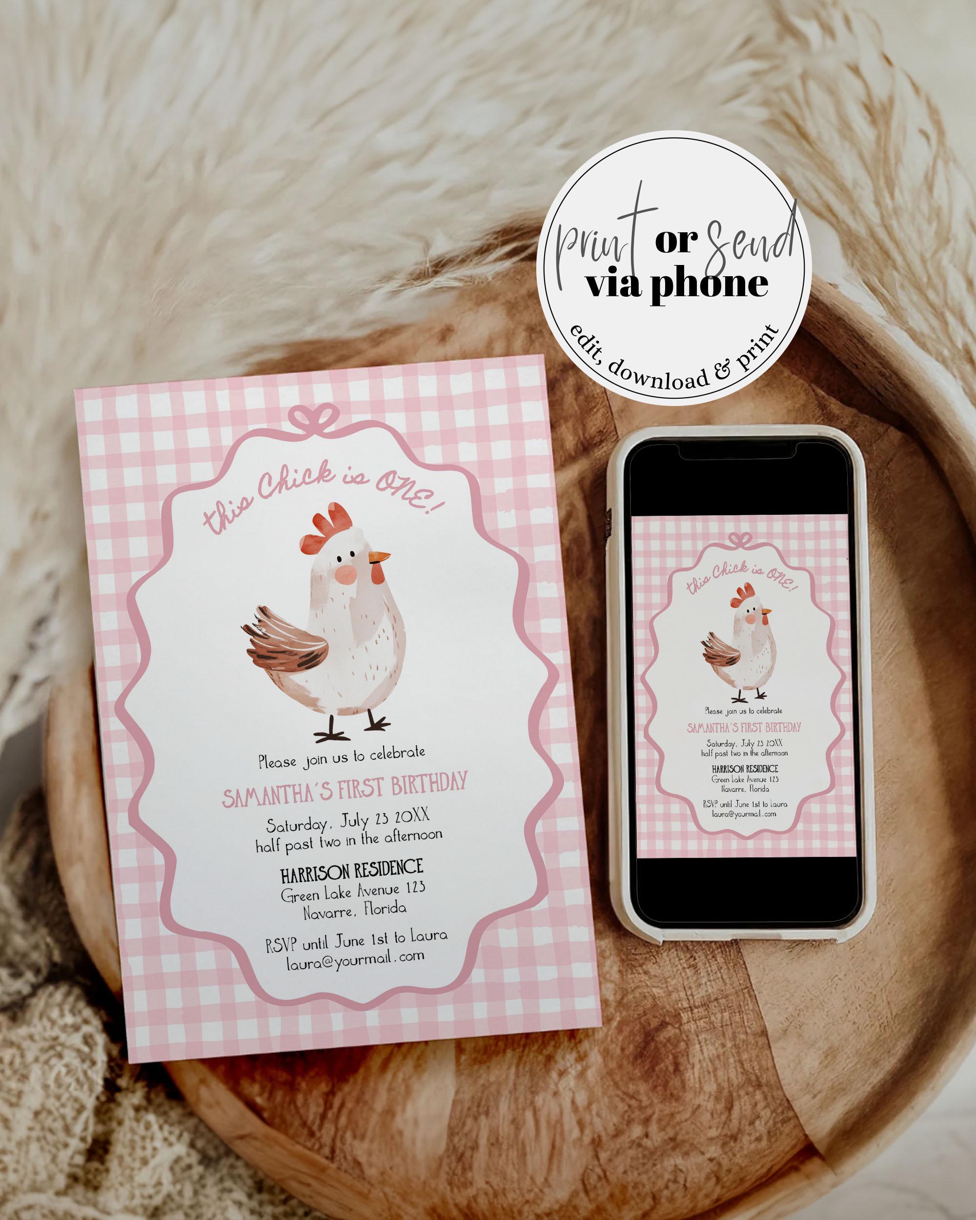 Chicken 1st Birthday Invitation, Farm Party, Digital Download 070CC ...