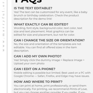 May include: A white document with the title "FAQs" in bold black letters. The text answers questions about editing, size, photos, and printing options for a product. The website address "www.marryful.org" is in the top left corner.
