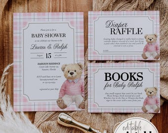 Pink Polo Teddy Bear Baby Shower Invitation for Girls Editable