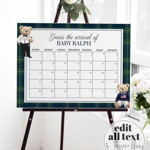 Guess Due Date Template, Vintage Preppy Teddy Bear Baby Shower Game, Digital Download 068RL-GUDD