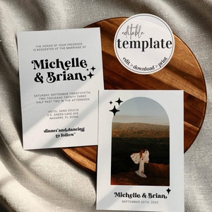May include: Wedding invitation template with a black and white design. The invitation features a photo of a couple in front of a mountain range with a sunset in the background. The text on the invitation reads "Michelle & Brian, September 20th, 2022".
