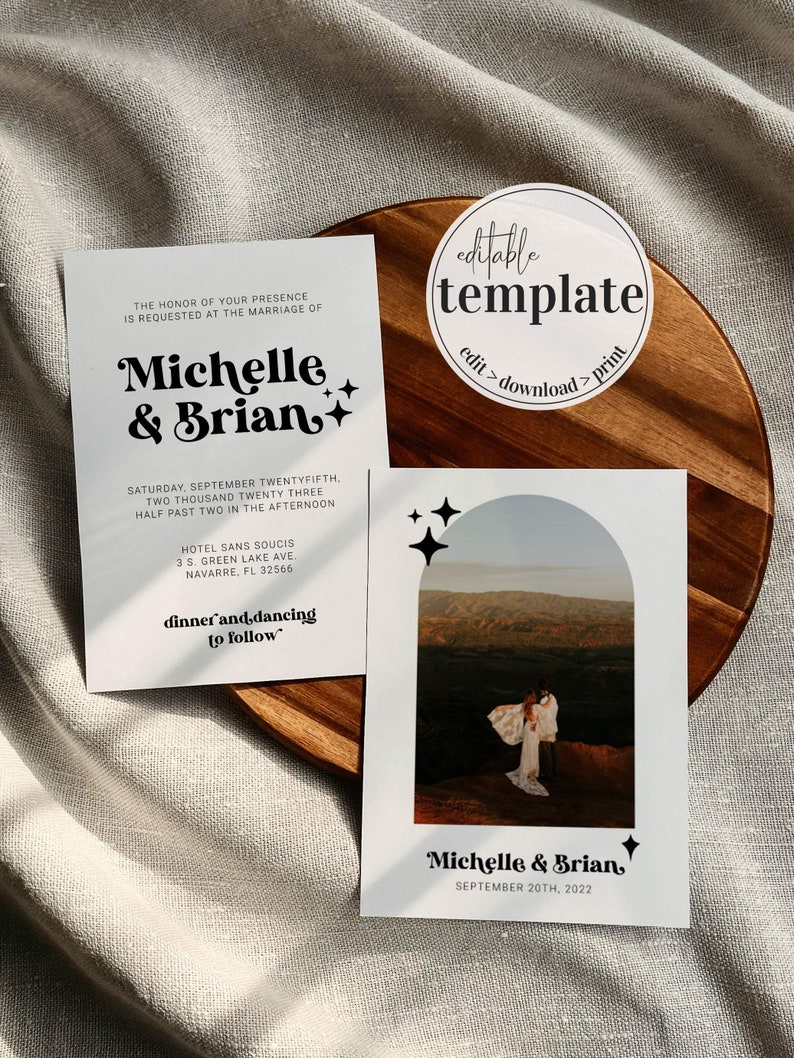 May include: Wedding invitation template with a black and white design. The invitation features a photo of a couple in front of a mountain range with a sunset in the background. The text on the invitation reads "Michelle & Brian, September 20th, 2022".