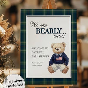 Ralph Polo Baby Shower Welcome Sign, We can Bearly Wait Luxury Blue Green Bear Shower Decorations Board, Plaid Theme Shower Template #068