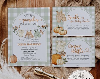 May include: Baby shower invitation set with a pumpkin theme. The invitation features a green and white gingham pattern and includes details for Olivia Harrison's baby shower. Additional cards request books and diapers.