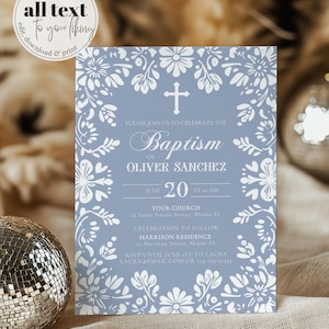 Blue Cielito Lindo Baptism Invitation Template Papel Picado Mexican Themed Bautizo Celebracion Vintage Baptism Invite for Boys Template #067