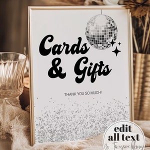 Cartões de discoteca retrô editáveis e presentes Placa personalizada | Pôster de chá de bebê bacana | Placa de aniversário de bola de discoteca dos anos 70 | Modelo para impressão #065d