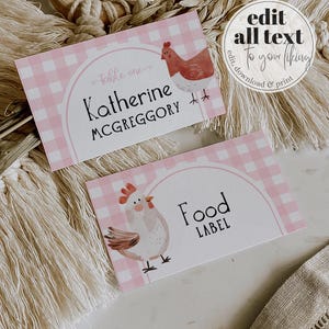Marque-places d'anniversaire de poulet pour une fête d'enfants sur le thème des animaux de la ferme ONE Étiquettes d'aliments pour poussins mignons Modèle d'animal de fête de poulet mignon #068