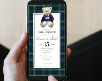 Animated Video Invitation for Vintage Classic Polo Teddy Bear Baby Shower Invitation Boys Luxury Editable Bear Shower Invite Template #068rl