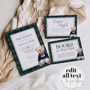 Classic Luxury Ralph Polo Baby Shower Invitation for Boys, Bear Baby Shower Invite Template, Teddy Bear Plaid Elegant Theme Template #068rl
