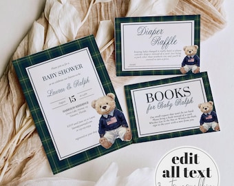 Classic Luxury Ralph Polo Baby Shower Invitation for Boys, Bear Baby Shower Invite Template, Teddy Bear Plaid Elegant Theme Template #068