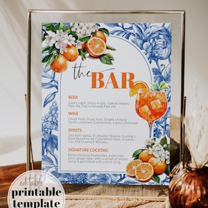 Citrus Orange Amalfi Küste Menü-Schild, Toile de Jouy Cocktail Menü Karte für Mediterrane Babyparty Dekoration Schild Vorlage #072