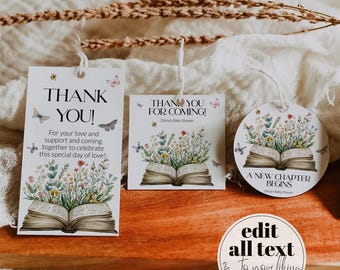 May include: Three printable thank you tags for a baby shower. The tags feature a book with flowers growing out of it and butterflies. The text on the tags reads "Thank You!" "Thank You for Coming!" and "A New Chapter Begins".