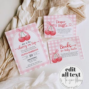 Cherry on Top Baby Shower Invitation Template, Coquette Pink Gingham Cherry Sweet Girl 003CH-BSINV