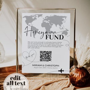 QR-Code-Zeichen | Flitterwochen-Fondsschild für die Hochzeit unter dem Thema Reisen | Weltkarte Scan to Pay Signage | Druckbare Vorlage #072w