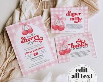 Cherry on Top Baby Shower Invitation Coquette Pink Gingham Cherry Sweet Editable Template 003CH-BSINV