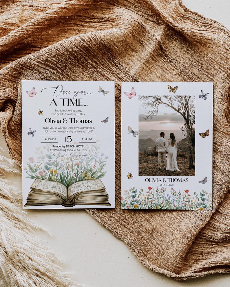 May include: A wedding invitation with a whimsical design featuring a book with butterflies and flowers. The text reads "Once upon a time... Olivia & Thomas" and includes the date and time of the wedding.