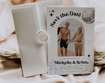 Retro Wedding Invitation, 70s Save the Date Template, Disco Wedding Invite 065D-STD