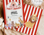 Circus Party Animals First Birthday Invitation, Carnival Safari Jungle Animal Invite Template 025CR-BINV