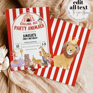 Zirkus-Motto Party Tiere Erste Geburtstagseinladung mit Dschungel Safari Tiere, Karneval 1
