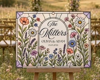 Last Name Wedding Sign, Wildflower Faux Stained Glass Keepsake DIY Acrylic Canva Template 035STGL-WLCM