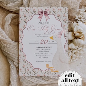 One Silly Goose Girls 1st Birthday Invitation Bundle, Silly Goose Invite Cottagecore Vintage Goose Party Decor Printable Template #072