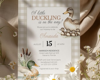 Lucky Duck Baby Shower Invitation Template, Little Duckling Mallard Mother & Baby Theme 006LD-BSINV