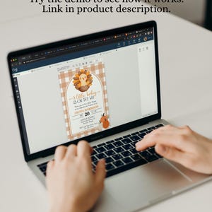 May include: A laptop displays a baby shower invitation with a turkey illustration. The invitation features the text "A little turkey is on the way" and the date "20". The screen also displays the text "Try the demo to see how it works. Link in product description."