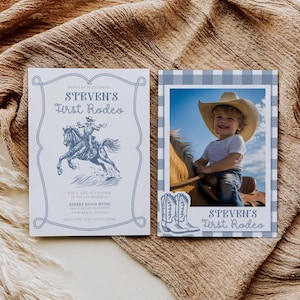 Editable My First Rodeo Invitation Blue Cowboy Birthday Invite Wild West Vintage Cowboy 1st Rodeo Western Ranch Digital Template #072