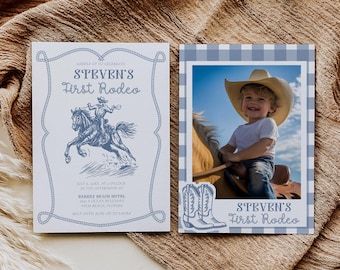 May include: A blue and white checkered invitation with a photo of a young boy wearing a cowboy hat and riding a horse. The text on the invitation reads "Steven's First Rodeo".
