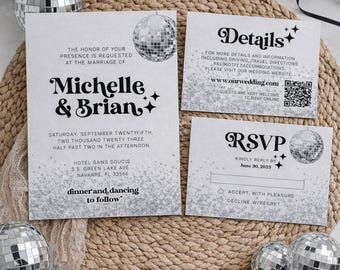 Disco Wedding Invitation Template, Retro Ceremony Card, Groovy Reception Invite 065D-WEINV