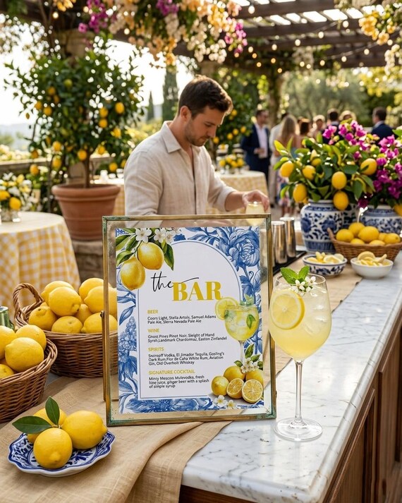 Limoncello Spritz Bar Menu Template, Citrus Lemon Amalfi Coast Bridal Shower Sign 102LE-BAME