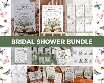 May include: A bridal shower bundle with a book and floral theme. The bundle includes invitations, signage, games, and decorations. The text on the invitation reads "She found her Happily Ever After".