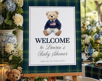 Polo Teddy Baby Shower Welcome Sign, Bear Tartan Plaid Banner, Heritage Editable Template  068RL-WLCM