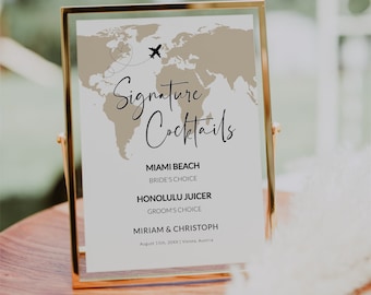 Signature Cocktail Sign Printable Template for Destination Wedding or Travel Themed Celebration #072w