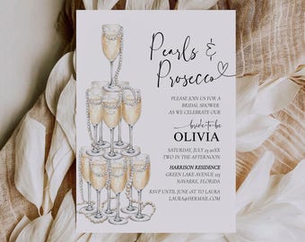 Pearls and Prosecco Bridal Shower Invitation Champagne Tower Party Elegant Editable Printable Template 055PP-BSINV