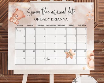 May include: A printable baby shower game with a calendar for guests to guess the baby's arrival date. The calendar is decorated with a cute teddy bear illustration and stars. The text "Guess the arrival date of baby Brianna" is at the top of the calendar.