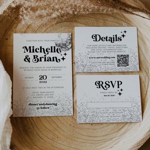 Convite de casamento disco para festa de casamento dos anos 70 com conjunto de convites estilo retrô com RSVP e cartão de detalhes #065d