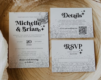 Disco Wedding Invitation Suite, Retro 70s Invite with RSVP Details Card Editable Template 065D-WEINV2