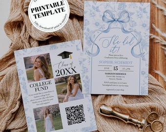 Coquette Graduation Invitation Template, Light Blue Bow Party Invite, Photo Senior Announcement Card 079SB-GRINV