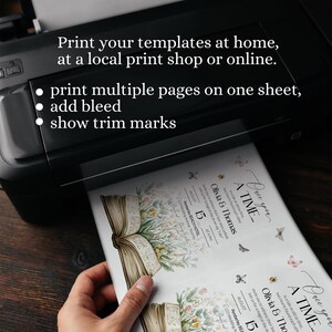 May include: A printable wedding invitation template with a floral design featuring a book with open pages. The text on the invitation reads "Once upon a time..." and "Olivia & Thomas". The invitation is set for August 15th at 4 PM at the Pemberley Beach Hotel.