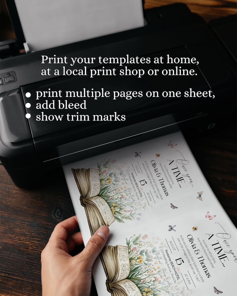 May include: A printable wedding invitation template with a floral design featuring a book with open pages. The text on the invitation reads "Once upon a time..." and "Olivia & Thomas". The invitation is set for August 15th at 4 PM at the Pemberley Beach Hotel.