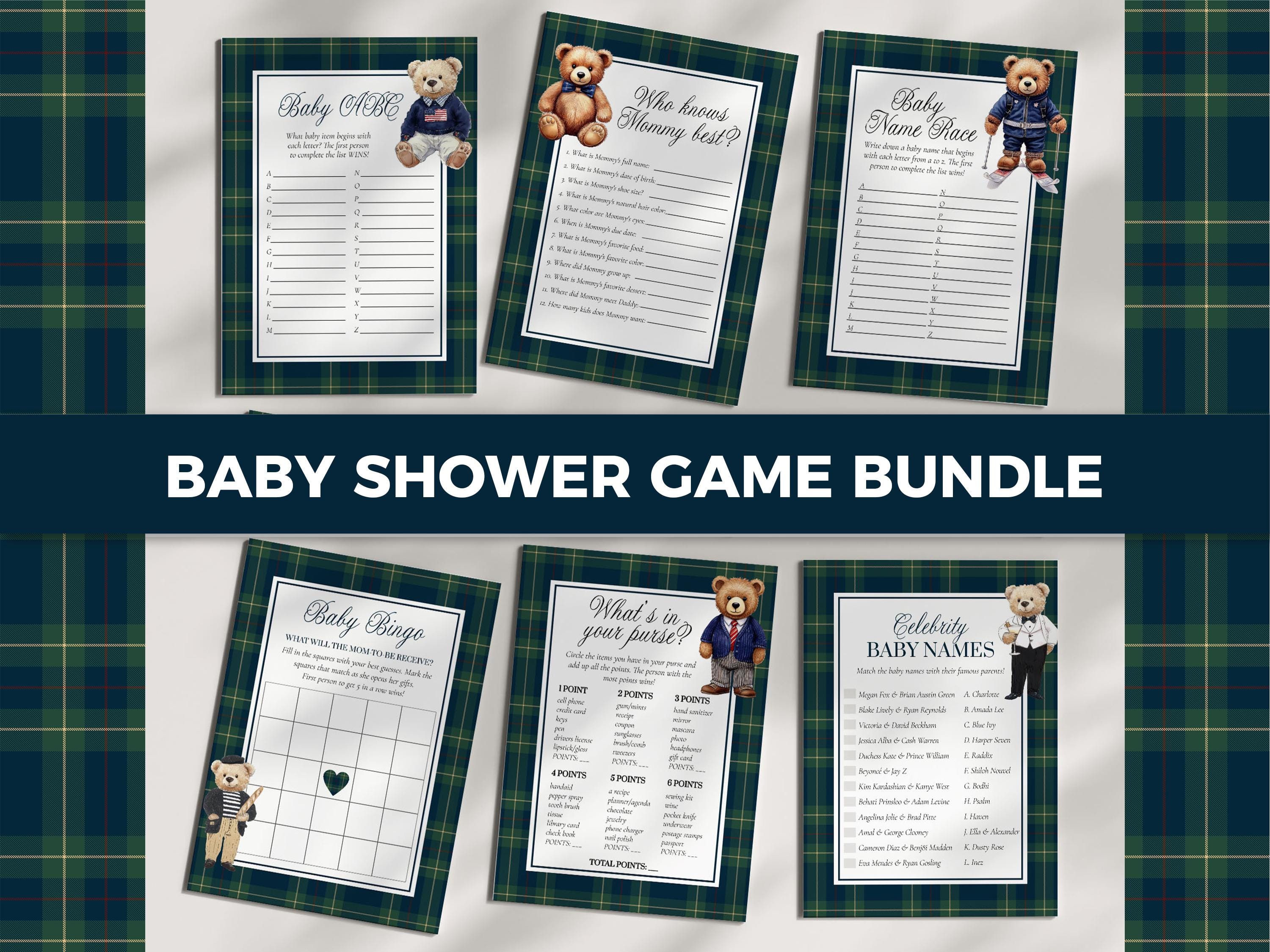 Vintage Polo Teddy Baby Shower Game Bundle, Classic Baby Sprinkle Games for Boys, Editable Luxury Bear with Plaid Printable Templates #068