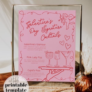 Modelo de coquetel de assinatura de dia das Galentines manuscrito para noite de meninas Funky Doodle rosa vermelho Valentine pijama festa bar menu Galentine #070
