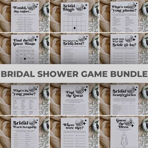 Retro Bridal Shower Games Bundle for Groovy Disco Bridal Party | 70s Bridal Shower Games Set | Silver Disco Ball | Printable Template #065d