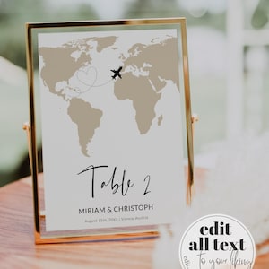 Destination Wedding Table Numbers Template, World Map Travel Theme Printable 072W-TBNR4