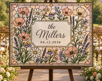 Last Name Wedding Sign, Wildflower Faux Stained Glass Floral Keepsake Canva DIY Template 035STGL-WLCM