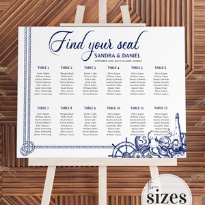 Encontre seu modelo de placa de assento para impressão de gráfico de assentos para decorações de casamento na praia náutica ou sinalização de casamento no destino #071