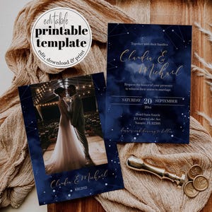 Celestial Moon Wedding Invitation Template, Navy Gold Galaxy Starry Night Invite 066CE-WEINV