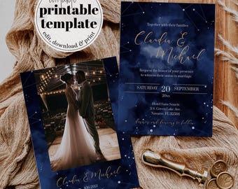 Celestial Moon Wedding Invitation Template, Navy Gold Galaxy Starry Night Invite 066CE-WEINV