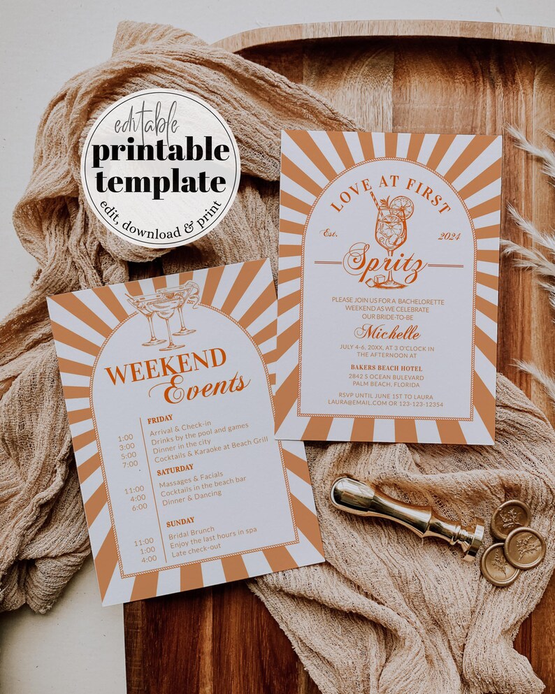 Italian Spritz Bachelorette Itinerary, Love at First Spritz Weekend Party Template 027AS-BACHINV image 2